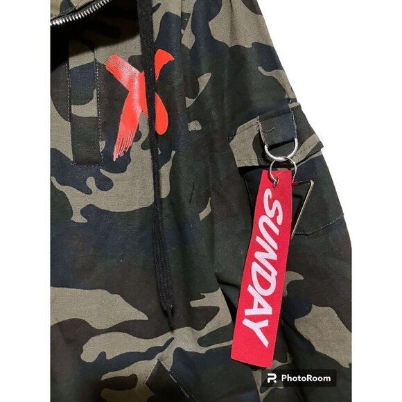SZS Hooded Camo Jacket XL Canvas Oversized Gorpcore Graphic Print Spellout - Picture 5 of 13